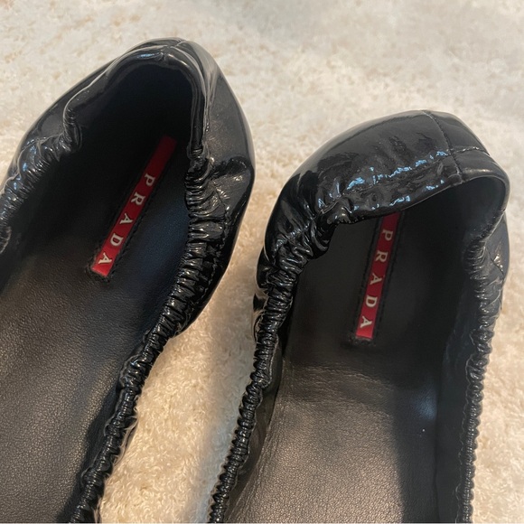 Prada Sport Black Patent Leather Nylon Bow Detail Scrunch Ballet Flat Size 37.5 - Picture 8 of 13